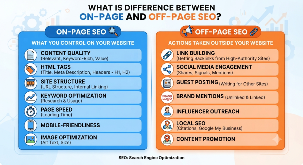 WHAT IS DIFFERENCE BETWEEN ON-PAGE AND OFF-PAGE SEO?